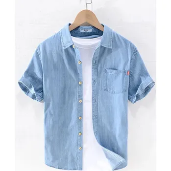 Pánská košile Pánská džínová košile – krátký rukáv a volný střih Barva: Světle Modrá, Velikost: 2XL