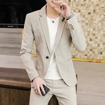Pánský trendy oblek v korejském stylu s mladistvým střihem Velikost: L, Barva (Varianta): Béžová