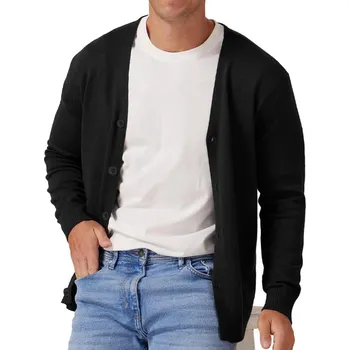 Pánský svetr Pánský pletený kardigan – dlouhý rukáv a lehký materiál Barva: Černá, Velikost: M