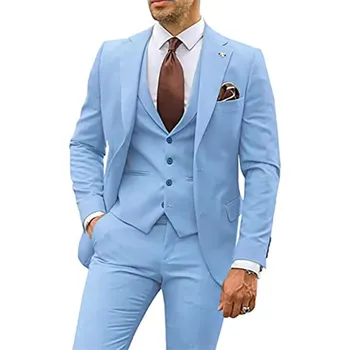 Třídílný oblek pro svatbu – business styl se sakem, vestou a kalhotami Velikost: 3XL, Barva (Varianta): Nebeská