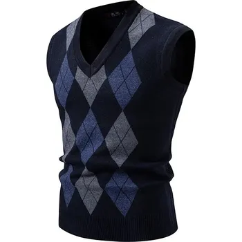 Pánský svetr Pánská svetr vesta s výstřihem do V a kostkovaným vzorem Barva: Modrá, Velikost: L