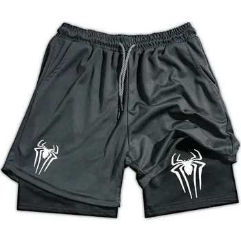 Pánské kraťasy Pánské sportovní šortky s pavoukem – 2v1 kompresní střih Barva: Šedá, Velikost: XL