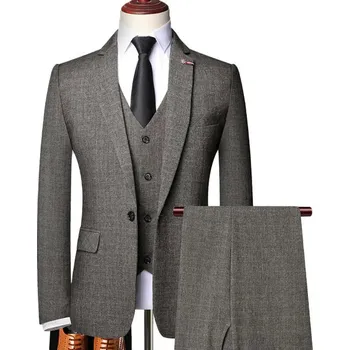 Kostkovaný business oblek – retro styl s vestou a sakem Velikost: 3XL, Barva (Varianta): Tmavě hnědá