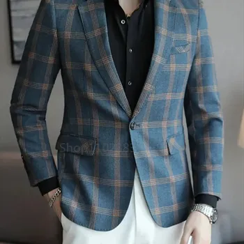 Pánské sako Kárované slim sako – britský styl s elegantním zapínáním Velikost: M, Barva (Varianta): Modrá