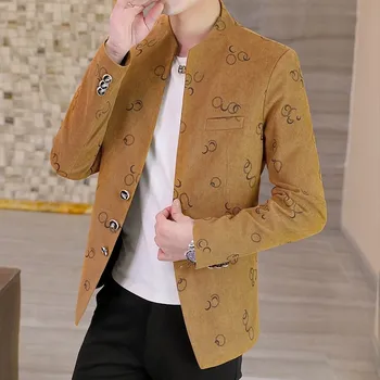 Pánské sako pánské sako s potiskem – moderní čínský styl Velikost: XL, Barva (Varianta): Kávová