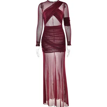 Dámské šaty Elegantní přiléhavé šaty – síťovina a dvouvrstvý efekt Velikost: M, Barva (Varianta): Bordová