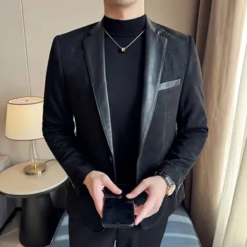 Pánské sako Stylové semišové sako – korejský design s patchwork detaily Velikost: L, Barva (Varianta): Černá