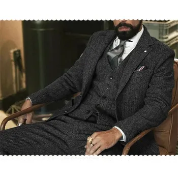 Pánský oblek Vlněný třídílný oblek – svatební herringbone styl pro ženicha Velikost: XL, Barva (Varianta): Tmavě šedá