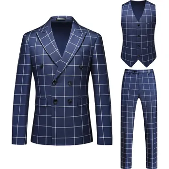Pánský oblek Trojdílný kostkovaný oblek – módní střih a výrazné detaily Velikost: XL, Barva (Varianta): Modrá