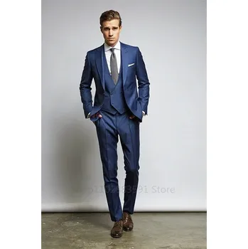 Pánský oblek Třídílný svatební oblek – elegantní slavnostní britský styl Velikost: 5XL, Barva (Varianta): Tmavě modrá