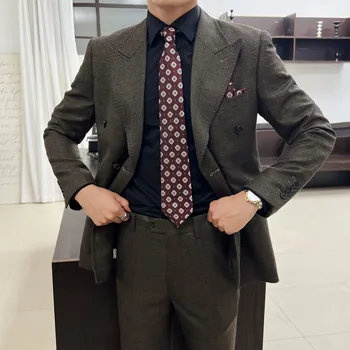 Pánský oblek Dvouřadý svatební oblek – stylový moderní střih Velikost: L, Barva (Varianta): Khaki