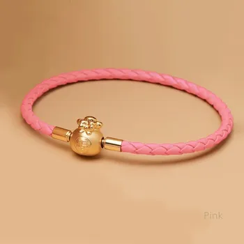 Náramek Kožený náramek se symbolem štěstí | módní doplněk - Růžový , 21 cm
