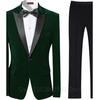 Sametový svatební oblek – dvoudílný set se šálovým límcem Velikost: 4XL, Barva (Varianta): Zelená