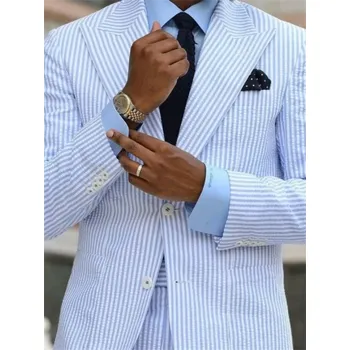 Pruhovaný seersucker oblek – dvoudílný komplet pro svatby a akce Velikost: 5XL, Barva (Varianta): Nebeská