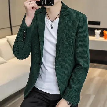 Pánské sako Kostkované sametové sako – korejský módní styl Velikost: M, Barva (Varianta): Zelená