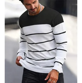 Pánský svetr Pánský proužkovaný svetr – kulatý výstřih, teplý úplet Barva: Černá, Velikost: M