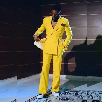 Elegantní pánský oblek – dvoudílný set se sako a kalhotami Barva: Žlutá, Velikost: M