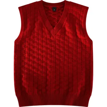 Dámská vesta Pánská pletená vesta – V výstřih, jemný žakár, volnočasový styl Barva: Červená, Velikost: L