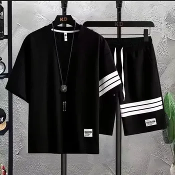 Pánský letní set – tričko a kraťasy, pohodlný sportovní styl Barva: Černá, Velikost: 5XL