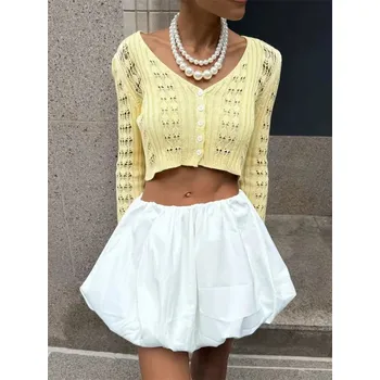 Dámský svetr Dámský průsvitný cardigan – háčkovaný, zkrácený střih Barva: Žlutá, Velikost: L