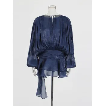 Dámské šaty Dámské mini šaty s řasením a balónovými rukávy Velikost: S, Barva (Varianta): Navy