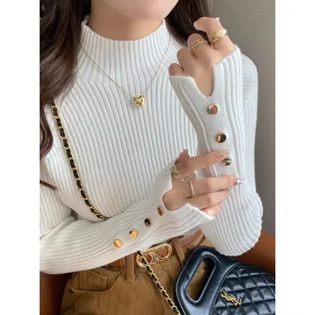 Dámský svetr Rolákový svetr pro ženy – jemný úplet, stylové knoflíky Barva: Bílá, Velikost: ONE SIZE