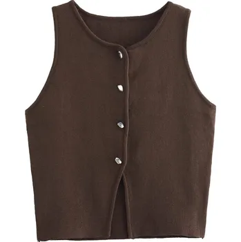 Dámská vesta Dámská pletená vesta s knoflíky, streetwear styl Barva: Hnědá, Velikost: S