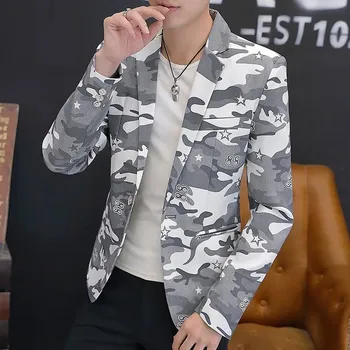 Pánské módní sako s maskáčovým vzorem – slim střih Velikost: M, Barva (Varianta): Bílá