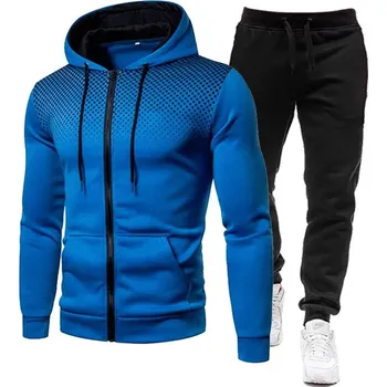 Pánská fleecová souprava s kapucí a zipem na volný čas Barva: Modrá, Velikost: 4XL