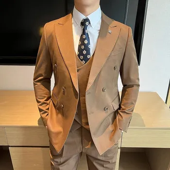 Třídílný svatební oblek – formální slim střih s vestou a kalhotami Velikost: L, Barva (Varianta): Hnědá