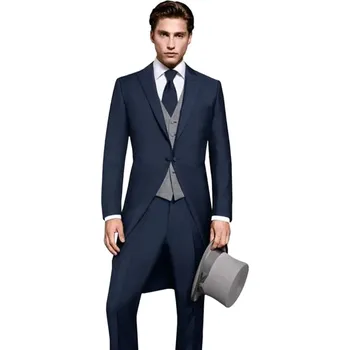 Pánské sako Smoking s dlouhými cípy – svatební sako s vestou a kalhotami Velikost: L, Barva (Varianta): Tmavě modrá