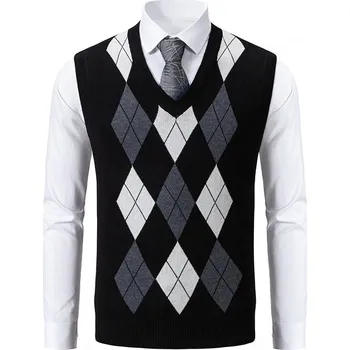 Pánský svetr Pánský svetrový vesta – kostkovaný vzor, bez rukávů Velikost: M, Barva (Varianta): mj00 Black