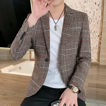 Pánské sako Módní kostkované sako – slim střih pro trendy vzhled Velikost: L, Barva (Varianta): Kávová