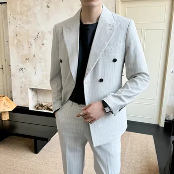 Pruhovaný dvouřadý oblek – elegantní večeře a akce Velikost: 3XL, Barva (Varianta): White and grey