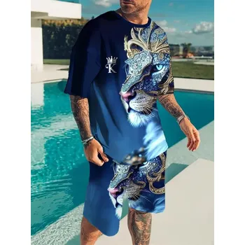 Pánský komplet s potiskem lva – 3D efekt, volnočasový styl Velikost: L, Barva (Varianta): YTZLTH2471415013