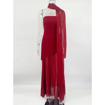 Dámské šaty Dámské plážové šaty bez ramínek s mašlí a síťovanou sukní Velikost: S, Barva (Varianta): Červená