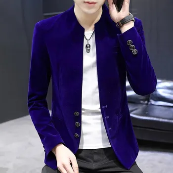 Sametové business sako – elegantní stojáček, všestranný styl Velikost: XL, Barva (Varianta): Modrá