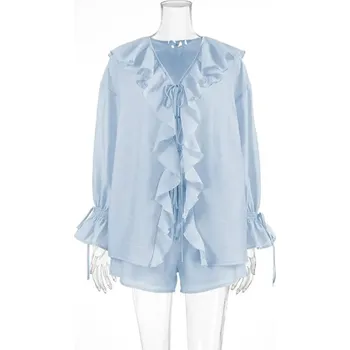 Dámský letní komplet – volné kraťasy a zavazovací halenka Velikost: M, Barva (Varianta): Modrá