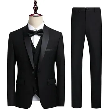 Stylový třídílný oblek s kulatým límcem – pro svědka i ženicha Velikost: 3XL, Barva (Varianta): Černá