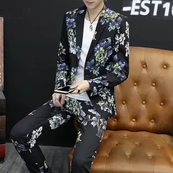 Korejský dvoudílný business oblek s potiskem – jarní kolekce Velikost: L, Barva (Varianta): Černá