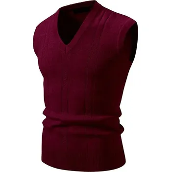 Pánský svetr Pánský pletený svetr – vesta bez rukávů, venkovní styl Barva: Vínová, Velikost: L