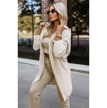 Dámský svetr 629-1 Pohodlný oversize svetr s kapucí a stylovou nášivkou - béžový UNI