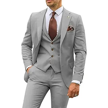 Pánský oblek Třídílný oblek pro svatbu – business styl se sakem, vestou a kalhotami Velikost: L, Barva (Varianta): Šedá