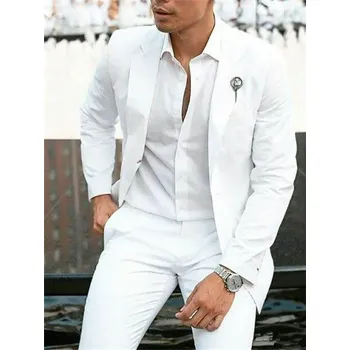 Letní lněný oblek – lehký svatební dvoudílný model Velikost: S, Barva (Varianta): Bílá