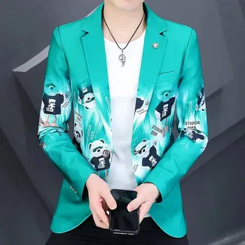 Pánské sako Tištěný pánský blazer – business casual styl s potiskem Velikost: M, Barva (Varianta): Světle zelená