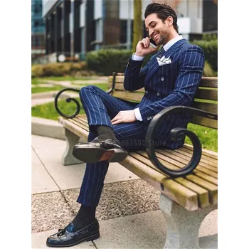 Dvoudílný oblek s proužkem – klasika v moderním provedení Velikost: 4XL, Barva (Varianta): Tmavě modrá