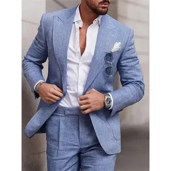 Lněný dvoudílný oblek – elegantní letní set na svatby a párty Velikost: XL, Barva (Varianta): Modrá