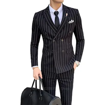 Pánský oblek Dvoukousek s proužkem – korejský business oblek s knoflíky Velikost: S, Barva (Varianta): Černá