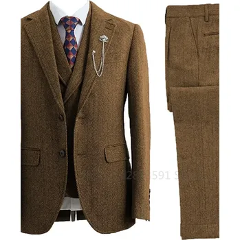 Třídílný pánský oblek z tvídu s dvouřadým sakem Velikost: 3XL, Barva (Varianta): Hnědá