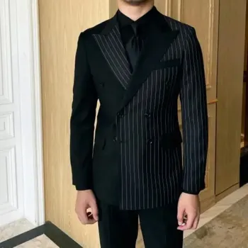 Pánské sako Dvouřadé sako – pruhovaný business styl na podzim Velikost: 4XL, Barva (Varianta): Černá